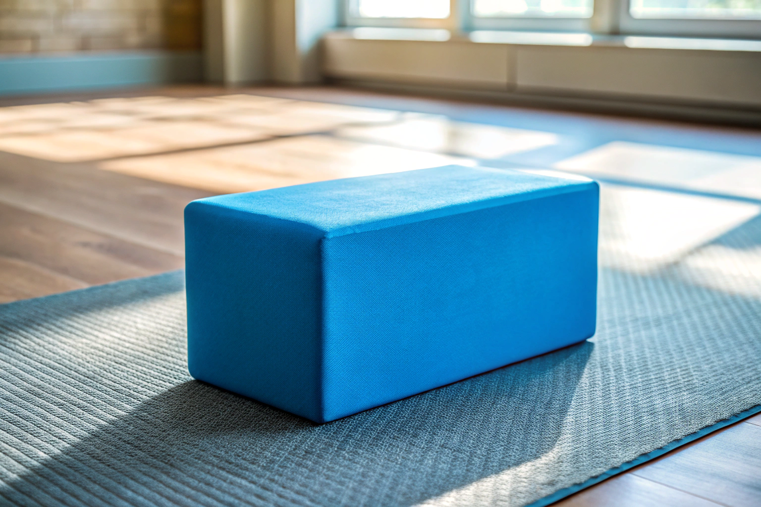 Un bloc de yoga de culoare albastră deschisă așezat pe o covoraș de yoga gri, într-o încăpere luminată natural, fără elemente de branding