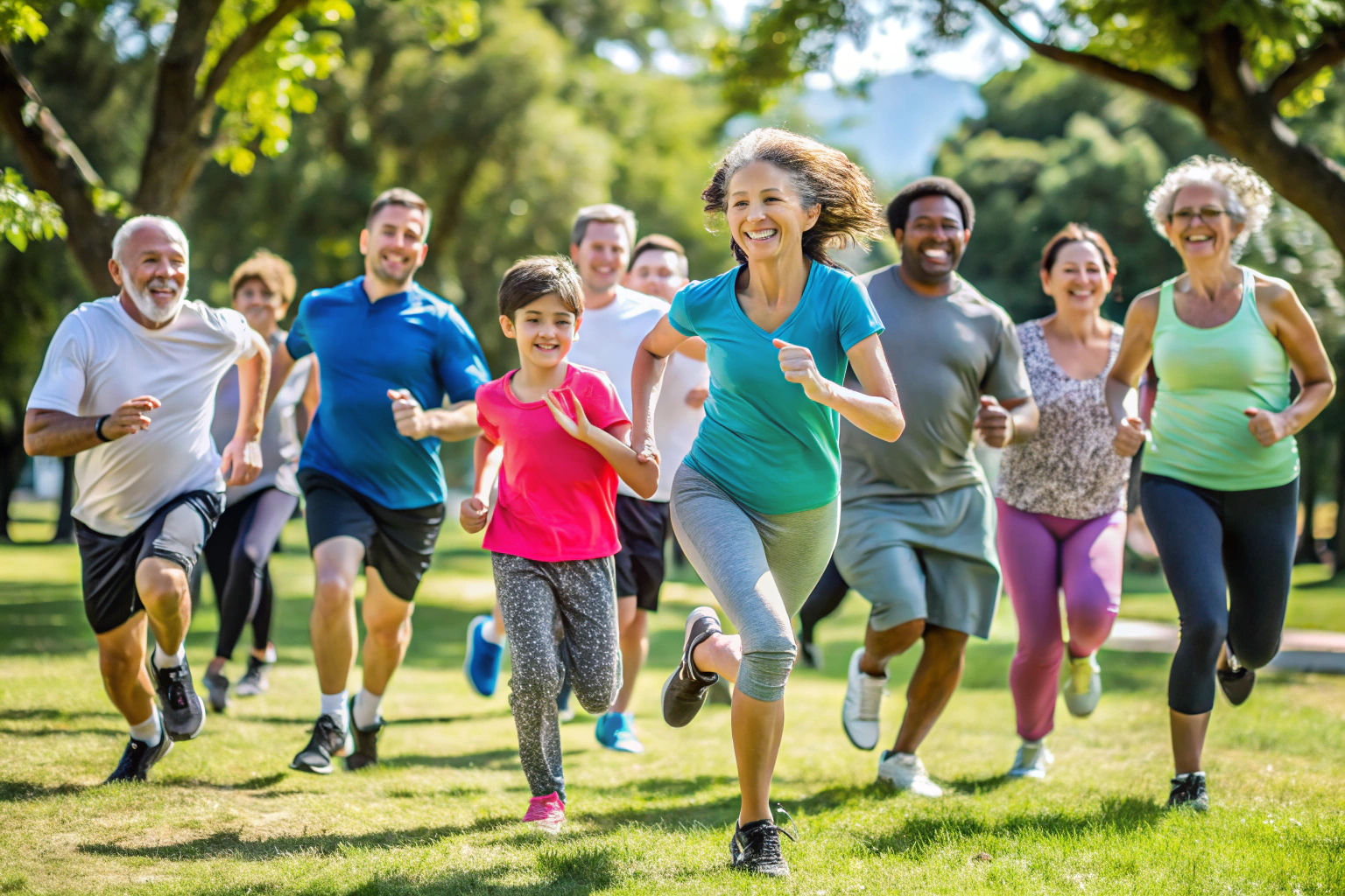 A dynamic scene of people participating in a community sports event in a park, with individuals of different ages running and laughing, surrounded by trees and clear skies