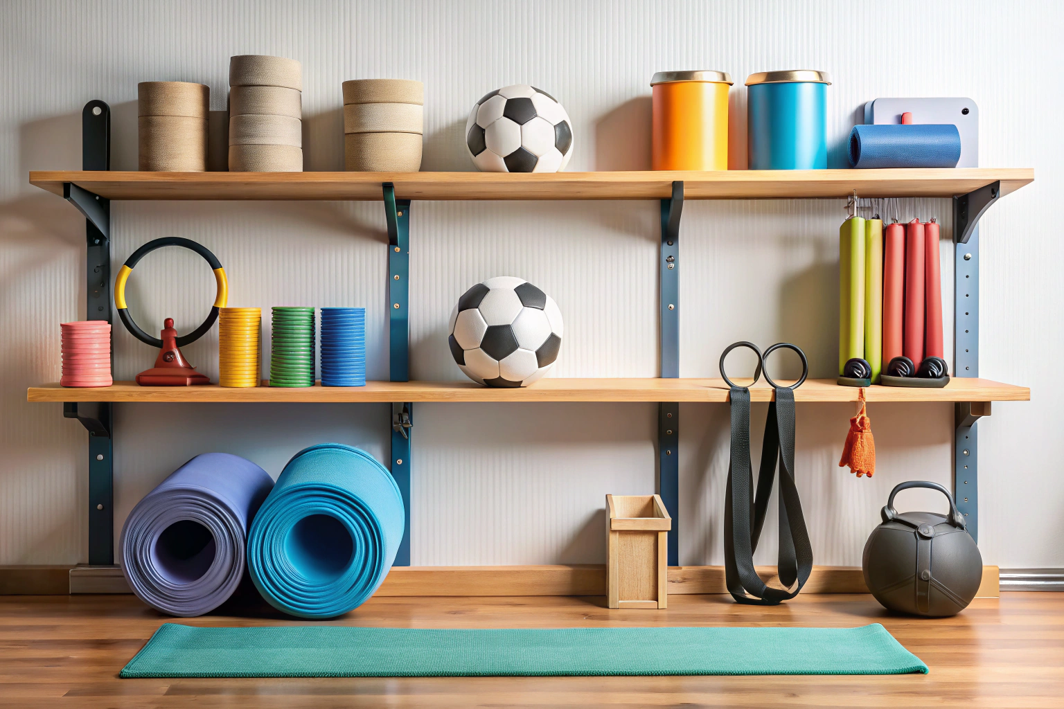 A neatly arranged collection of sports equipment including a yoga mat, gymnastics rings, and a soccer ball on a wooden shelf in a well-lit room, showing cleanliness and organization without any text or branding