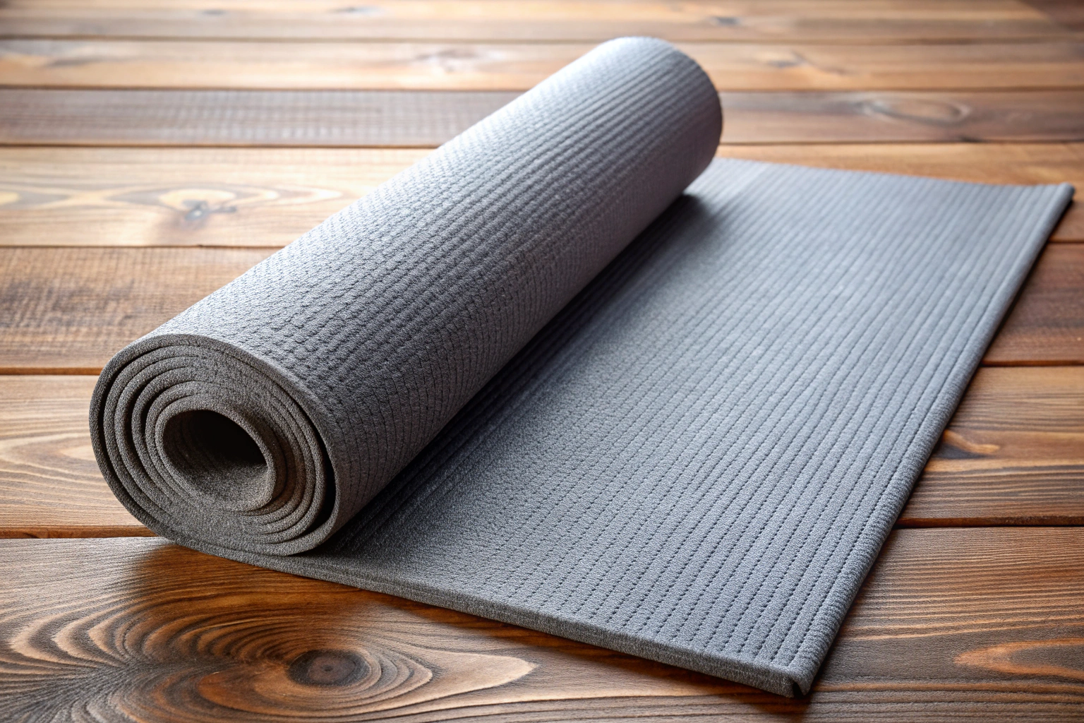 Un covoraș de yoga gri așezat pe o podea de lemn, cu o textură ușor reliefată pentru aderență, fără marcaje sau simboluri