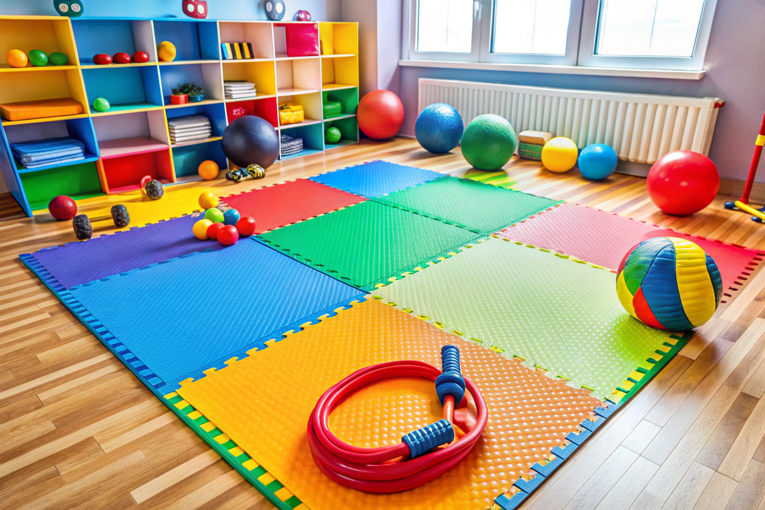 O minge colorată de exerciții pentru copii așezată pe un covor moale, înconjurată de alte echipamente sportive mici, într-un interior luminos și prietenos